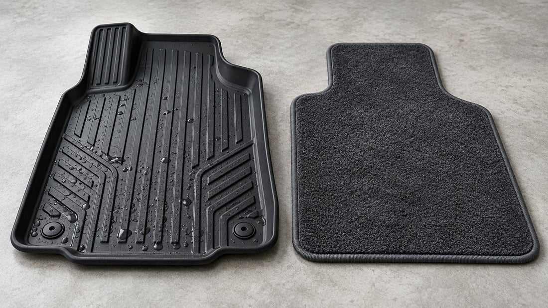 A black all-weather car floor mat with drainage channels and water droplets sits beside a charcoal carpet mat on a neutral surface.