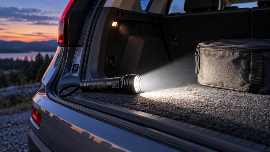 A black handheld flashlight illuminates an open car trunk and a storage bag at dusk.