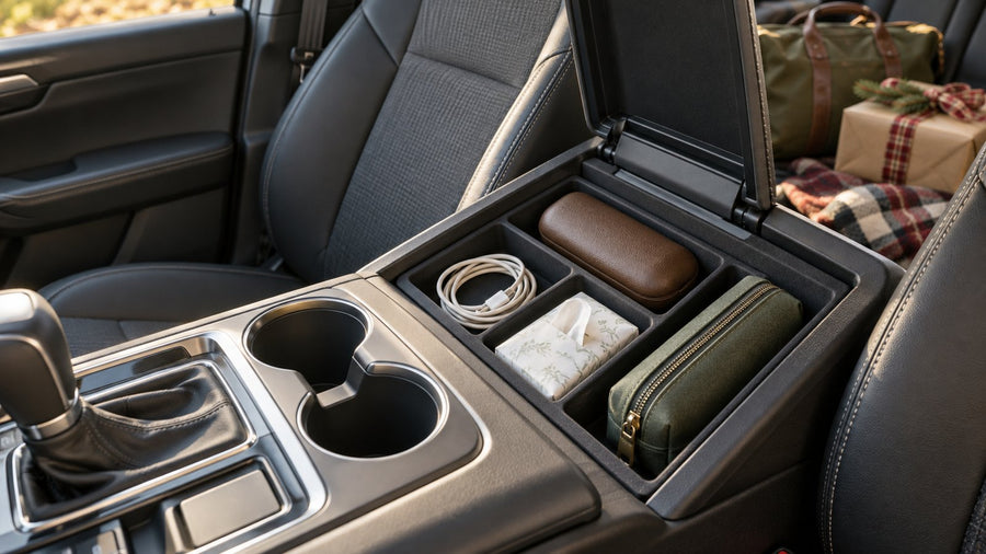 A neatly organized car console holds a coiled charging cable, sunglasses case, tissues, and a small pouch before a holiday road trip.