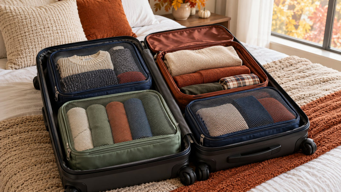An open suitcase holds neatly arranged packing cubes and folded autumn clothing for a Thanksgiving family visit.