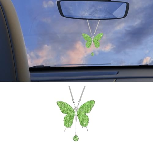Rhinestone Butterfly Rearview Mirror Ornament, Light Green by Unknown
