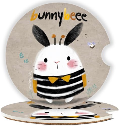 Ceramic Car Cup Holder Coasters Set of 2, 2.56 in Striped Rabbit by Mengduxd