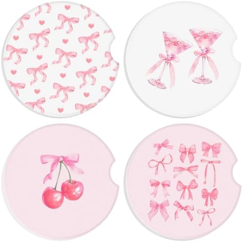 4 Pcs Pink Bow Car Coasters for Cup Holders, 2.56 Inch Absorbent Ceramic by Boao