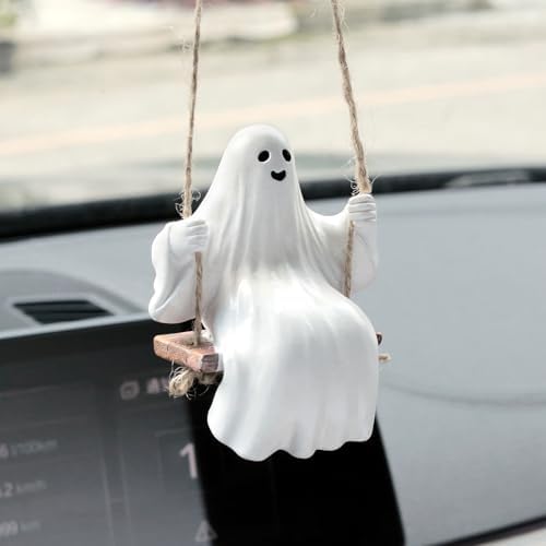 YGMONER Cute Swinging Ghost Car Mirror Hanging Ornament Halloween Car Interior by YGMONER