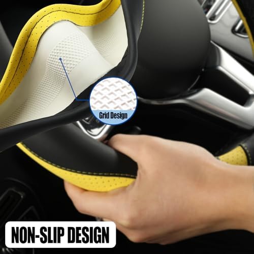 Black Yellow Microfiber Leather Steering Wheel Cover 15 inch - Image 4
