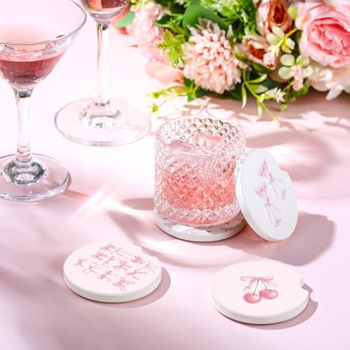 4 Pcs Pink Bow Car Coasters for Cup Holders, 2.56 Inch Absorbent Ceramic - Image 4