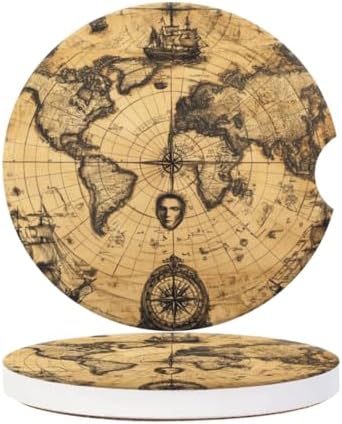 Cup Holder for Car, Rustic Ancient World Map Print Ceramic Coasters Non-Slip - Image 2