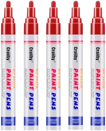 Red Paint Markers, 5 Pack Oil-Based Waterproof Quick Dry Permanent Paint Pen Set by Craiiby