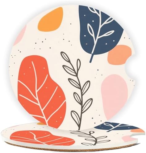 Ceramic Car Cup Holder Coasters Set of 2, 2.56 in Bohemian Leaves by Mengduxd