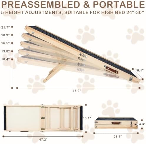 Folding Dog Ramp Safety for Bed, Wooden 5 Adjustable Height Pet Ramps, Potable - Image 2