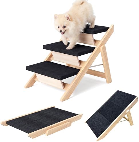 Dog Stairs/Ramp for Bed, Wooden 2-in-1 Foldable Pet Stairs & Ramp by MHLCXG
