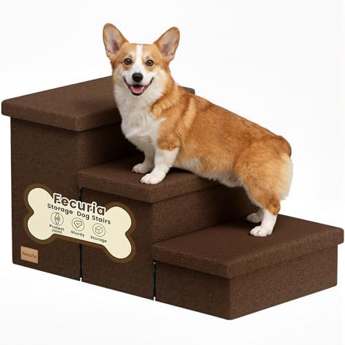 3-Step Wide Dog Stairs with Storage 18" H, Non-Slip Sturdy Pet Steps by Fecuria