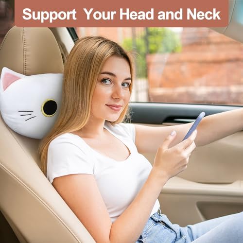 White Cat Car Headrest Pillow Cartoon Car Seat Pillow Cat Neck Support Plush - Image 4