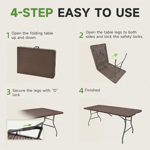 Folding Table 6 Foot, HDPE Wood Grain Pattern, Heavy Duty 600 lbs Capacity - Image 7