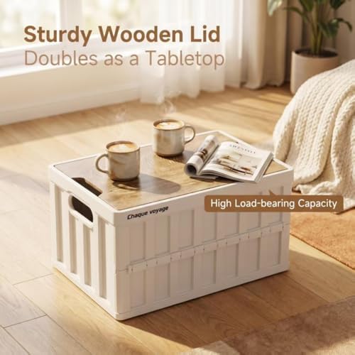 2 Pack White 50L Collapsible Storage Crate Wooden Lid Stackable Bin - Image 4