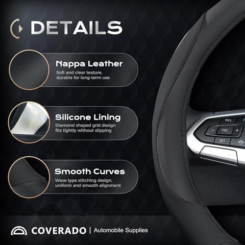 Coverado Car Steering Wheel Cover, Nappa Leather Black Steering Wheel Covers - Image 2