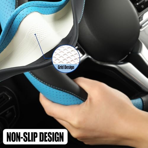 Black Blue Breathable Microfiber Leather Steering Wheel Cover - Image 4