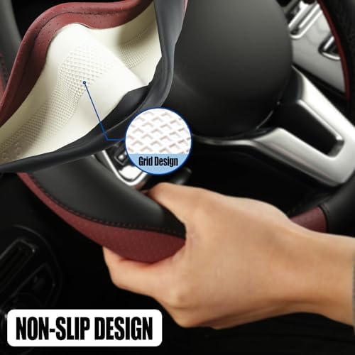 Black Burgundy Breathable Microfiber Leather Steering Wheel Cover - Image 4