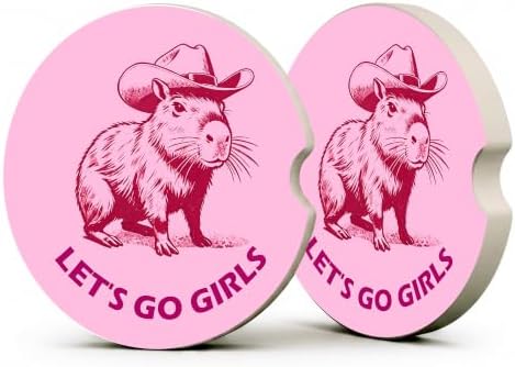 Pink Western Capybara Car Coasters, Let's Go Girls Coquette Cup Holders by Unknown