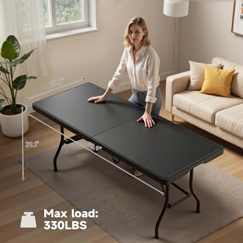 6 Foot Folding Table Black, Sturdy 330LBS Capacity, Reinforced Steel Legs - Image 2