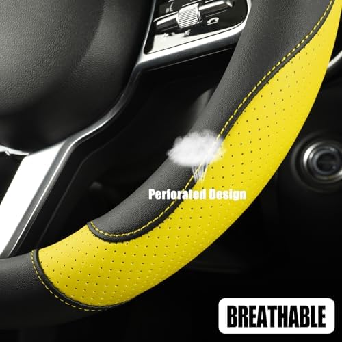 Black Yellow Microfiber Leather Steering Wheel Cover 15 inch - Image 3
