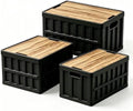 3 Pack 50L Black Collapsible Storage Crate Wooden Lid Stackable Bin by Unknown