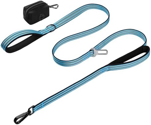 Double Handle Dog Leash with Poop Bag Holder and Car Seat Belt Buckle by WINGOIN