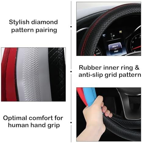 Leather Patchwork Black Steering Wheel Cover, 14.5-15 Inch Non-Slip Breathable - Image 5