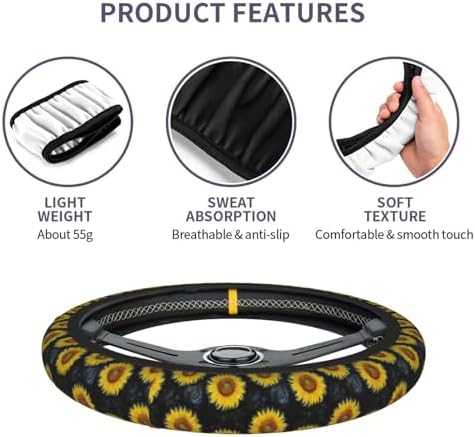 Sunflower Steering Wheel Cover Floral Car Accessories+ 2 Car Coasters - Image 3