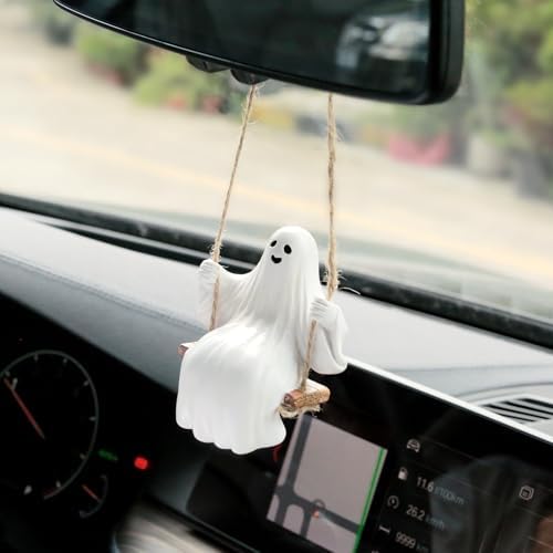 YGMONER Cute Swinging Ghost Car Mirror Hanging Ornament Halloween Car Interior - Image 3