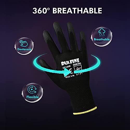 DULFINE Safety Work Gloves for Men 12 Pairs, Ultra-Thin PU Coated Black XL - Image 3