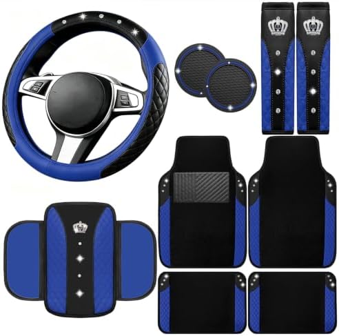 NBTEPEM 10 Pcs Bling Blue Car Floor Mats Set, Leather Blue Steering Wheel by NBTEPEM