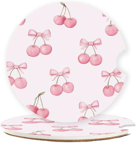Ceramic Car Cup Holder Coasters Set of 2, 2.56 in Pink Bow Cherry by Mengduxd