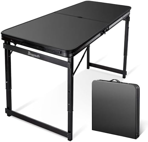 Folding Camping Table 4Ft X 2Ft, Aluminum Portable Adjustable Table W Hole by Bingyouth