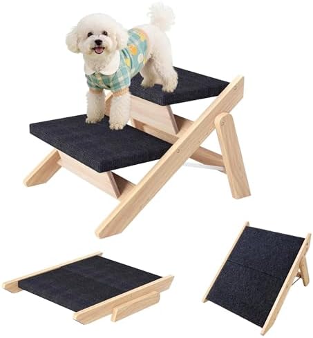 Dog Stairs/Ramp for Bed, Wooden 2-in-1 Foldable Pet Stairs & Ramp by MHLCXG