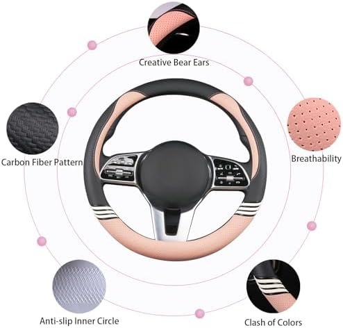 15 inch Cute Leather Steering Wheel Cover Black and Pink - Image 5