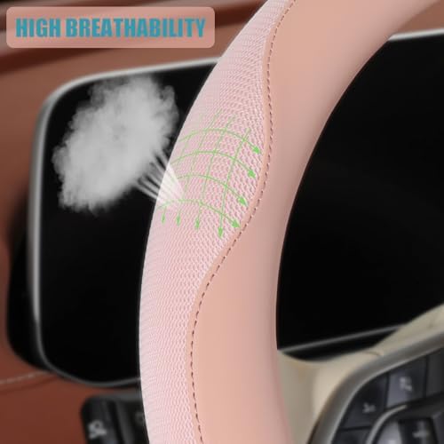 Nappa Leather Ice Silk Fabric Pink Steering Wheel Cover Women - Image 3