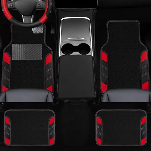 NBTEPEM 10 Pcs Red Car Floor Mats Full Set & Sport Leather Red Steering Wheel - Image 3