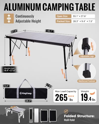 KingCamp Large 55.1" Folding Camping Table, 265lbs Adjustable Outdoor Table - Image 2
