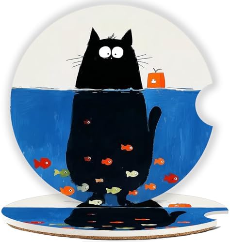 Ceramic Car Cup Holder Coasters Set of 2, 2.56 in Kitten Diving by Mengduxd