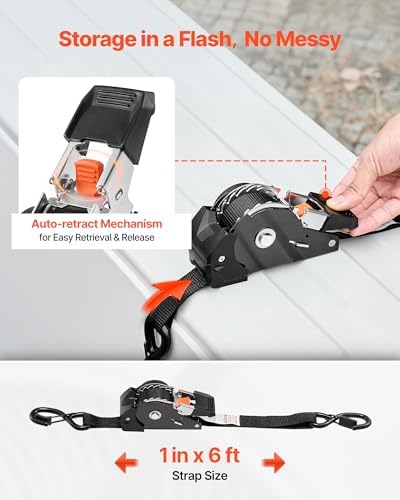 VEVOR Retractable Ratchet Straps, 1 in x 6 ft, Tie Down Straps - Image 3