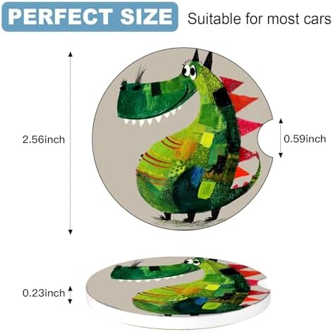 Ceramic Car Cup Holder Coasters Set of 2, 2.56 in Green Dinosaur - Image 2