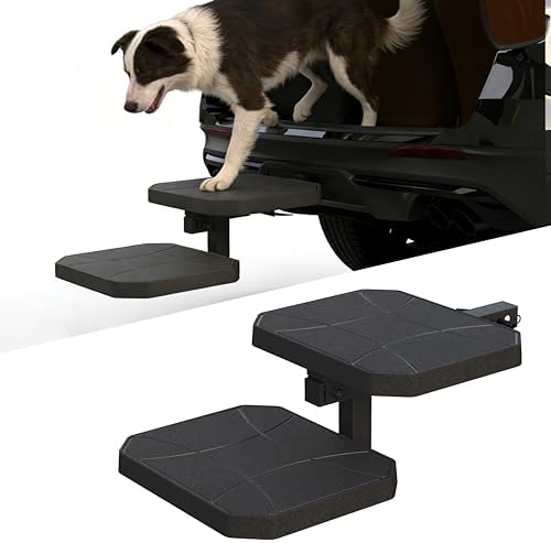 Dual-Step Foldable Pet Hitch Step, Foldable Two-Tier Flip-Out Dog Stairs Fits by KOKSHELY