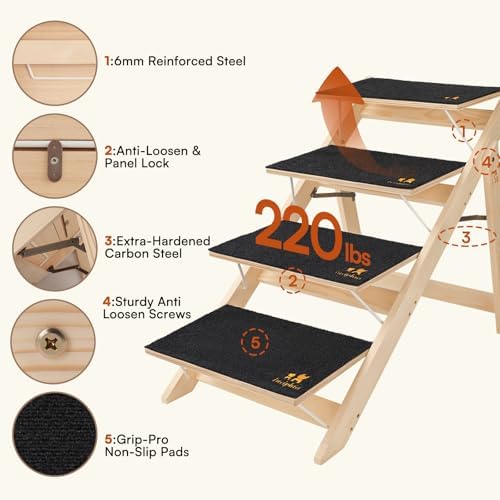 Luciphia Wooden 2-in-1 Dog Stairs, 4-Step Foldable Anti-Slip Pet Steps - Image 5