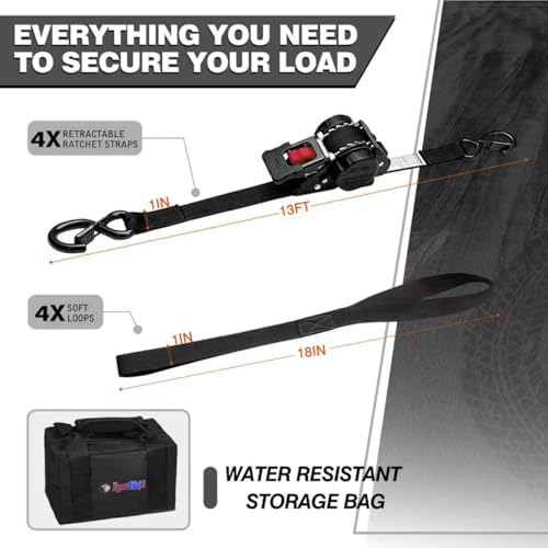 Retractable Ratchet Straps 1" x 13 Ft, 800 Lbs, 4 Pack - Image 4