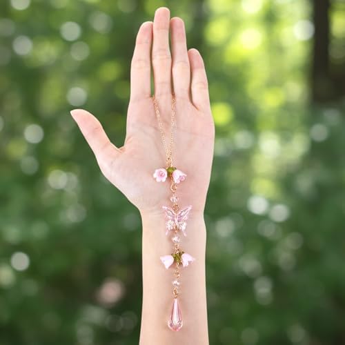 Butterfly Crystal Car Charm Lily Flower Beaded Mirror Hanging - Image 6