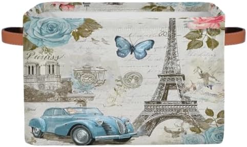 AUUXVA Storage Basket Vintage Paris Eiffel Tower Rose Flower Old Car Storage by AUUXVA