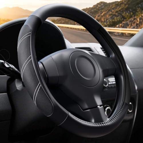 Black Line Punching Car Steering Wheel Cover, Microfiber Leather Sports by ExquisiteCarAccessories