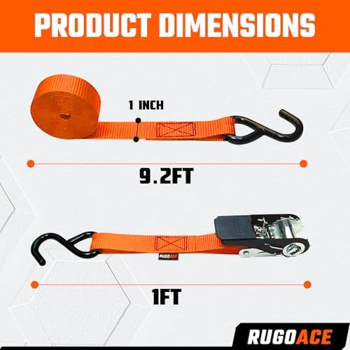 Ratchet Tie Down Straps 1 in x 10 ft 900 lbs Break Limit 8PK Orange RUGOACE - Image 2