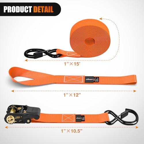 Nilight Ratchet Tie Down Straps 4500LBS Break Strength 1”×15’ Orange 4 Pack - Image 2